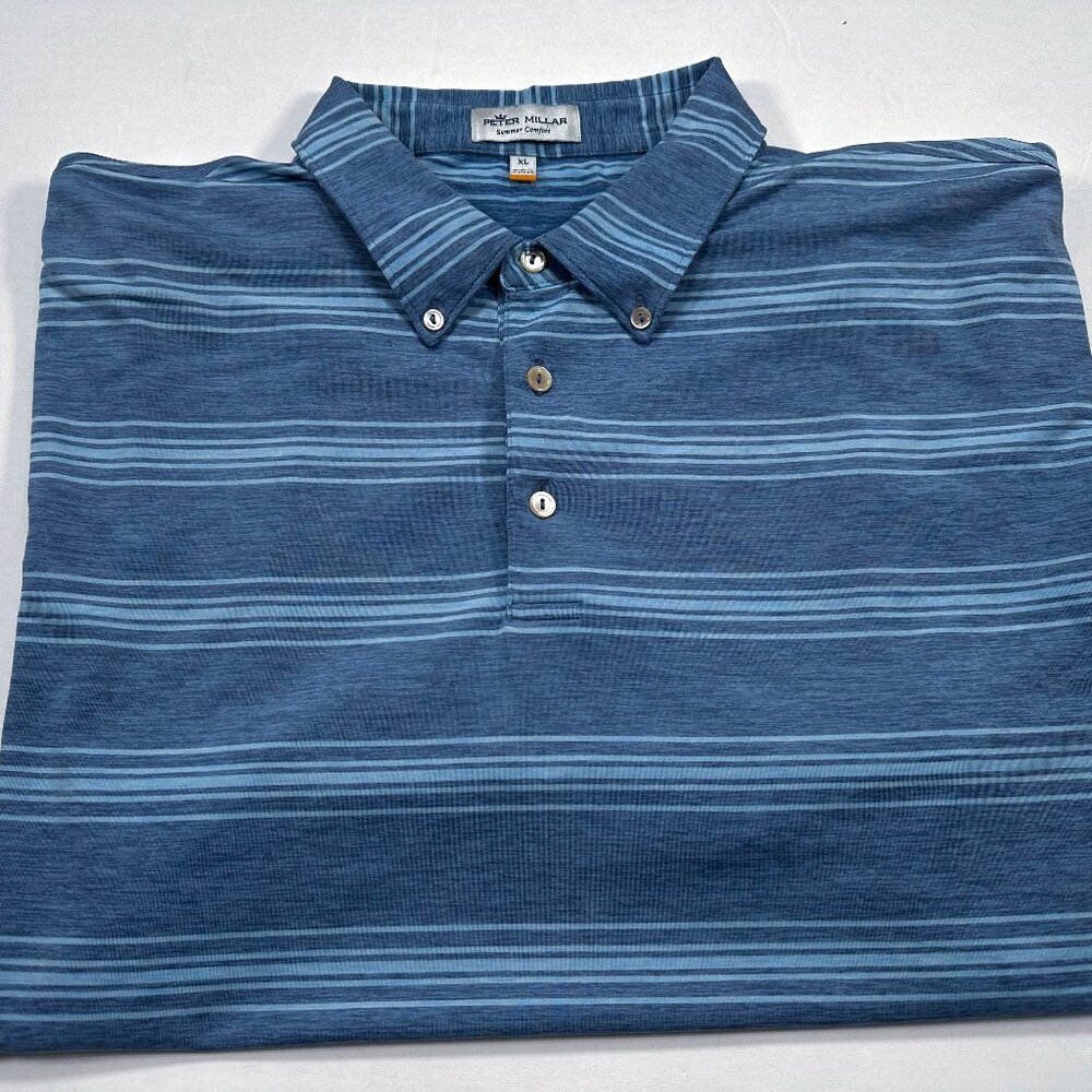 Peter Millar Summer Comfort Men's XL Blue Striped Short Sleeve Golf Polo